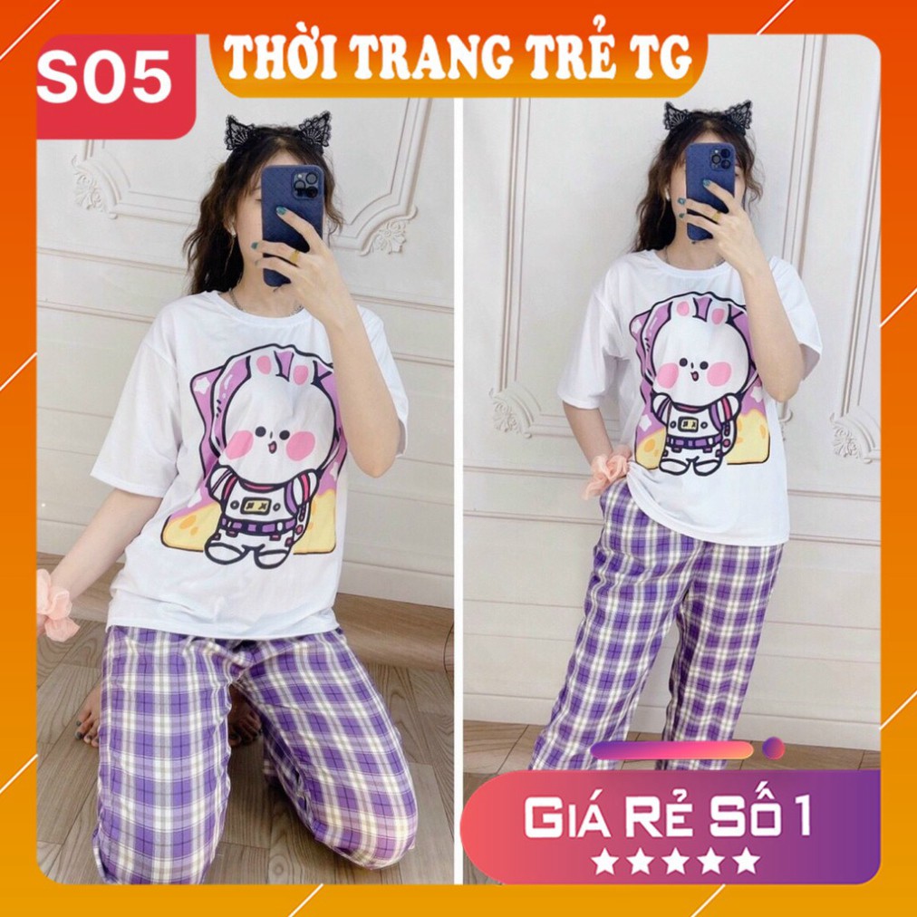 Đồ bộ nữ 𝑭𝒓𝒆𝒆𝒔𝒉𝒊𝒑 Set Đồ Bộ Quần Sọc Caro Ống Rộng S03 Hình Cartoon Cute  Freesize Form Rộng Cực Thoáng Mát