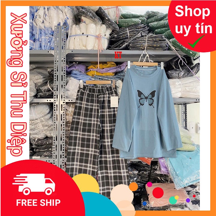 sét áo bướm dài tay + quần kẻ ống xuông