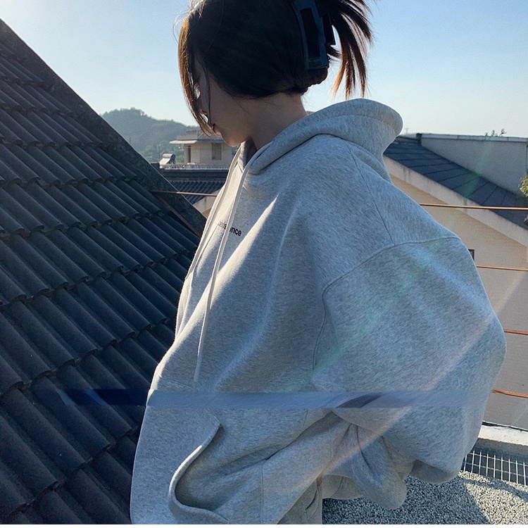 Porozi  Áo hoodie tay dài dáng rộng in chữ phong cách Hàn Quốc cho nữ
