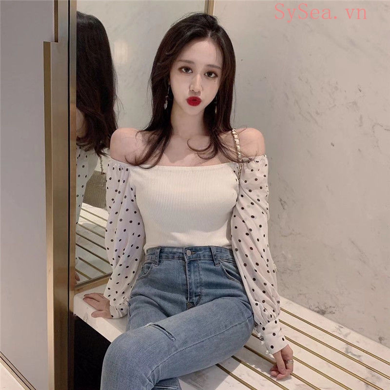 Áo kiểu tay dài họa tiết chấm bi thời trang phong cách cho nữ