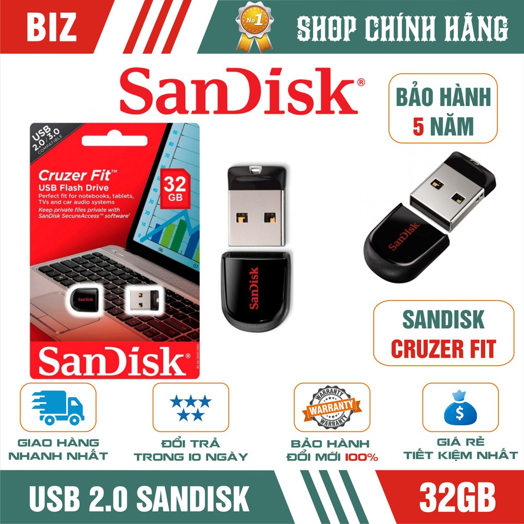 USB 32GB SanDisk Cruzer Fit USB 2.0 - Bảo hành 5 năm | BigBuy360 - bigbuy360.vn