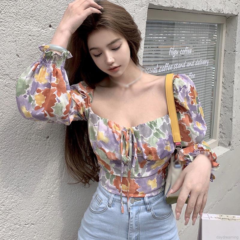 Áo Chiffon Nữ Tay Dài Cổ Vuông In Hoa Thời Trang
