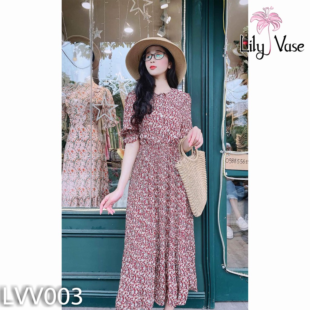 Váy hoa nhí voan lụa cổ tròn viền bèo bo chun ôm eo thân váy dập ly bồng bềnh tiểu thư (LVV003)