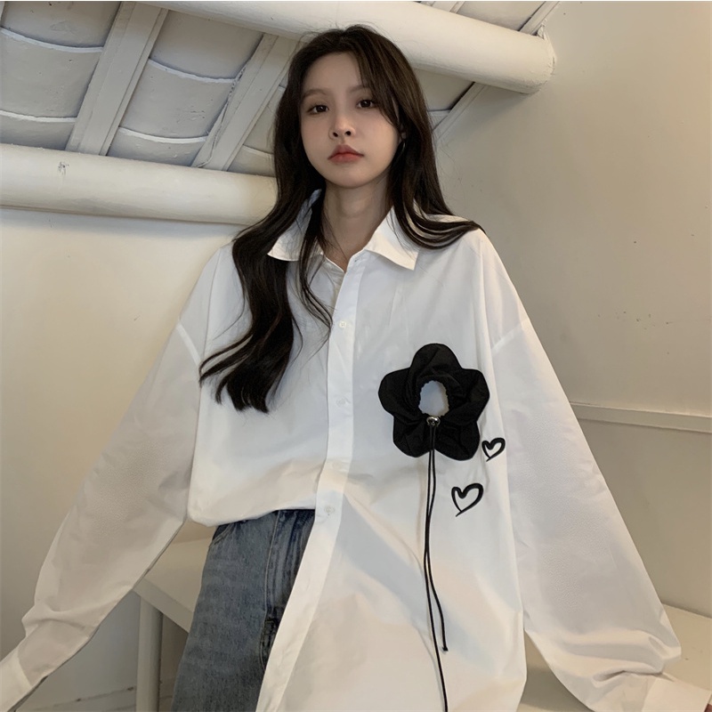 Áo sơ mi ZHELIHANGFEI tay dài dáng rộng thêu họa tiết hoa xinh xắn dễ phối đồ