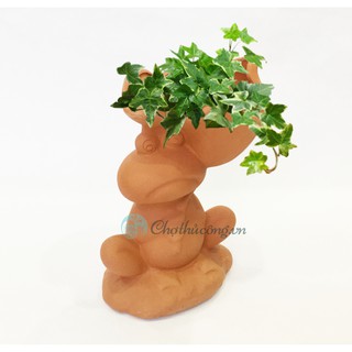 Chậu đất nung chú Ếch cầm lá sen, chậu có lỗ, vintage làm chậu trồng bonsai, cây cảnh, sen đá [KT D14xR12xC20 cm]