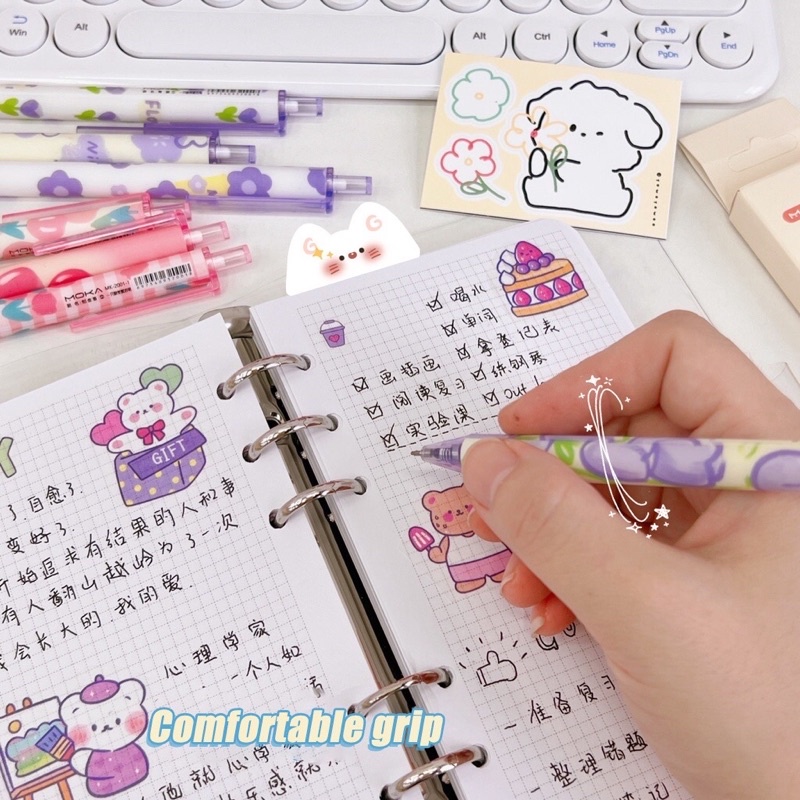 Set hộp 4 bút bi bấm mực đen Moka ngòi kim mảnh hoa Tuylip Flowers