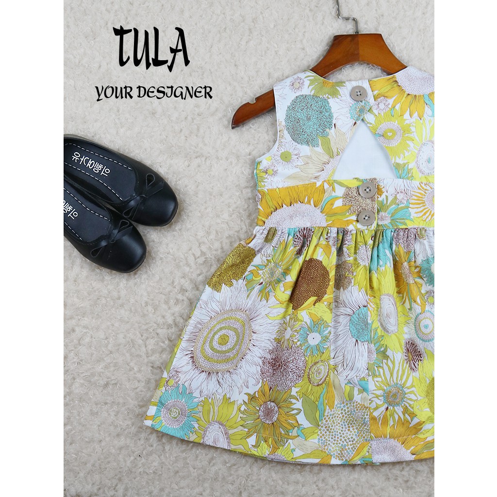 Váy Đầm Cho Bé Gái Họa Tiết Hoa Hoa Hướng Dương Vàng Khoét Lưng Cúc Sau Cực Xinh Vải Thô Hàn Quốc