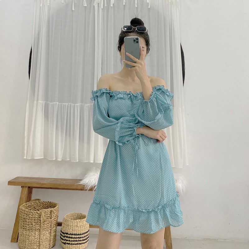 Đầm trễ vai voan bi xanh