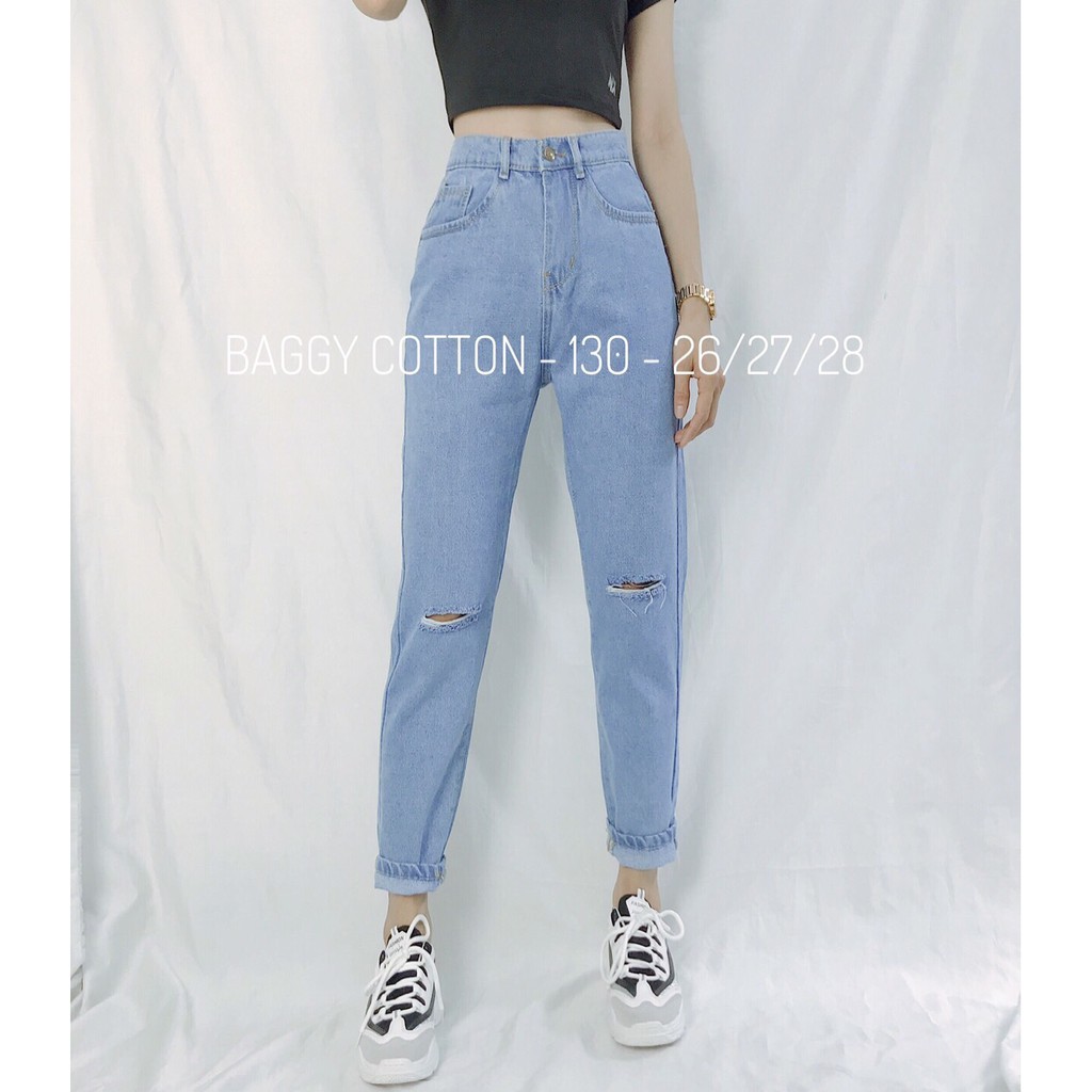 Quần jean nữ baggy cotton lưng cao size đại - quần bò baggy cotton lưng cao big size màu xanh