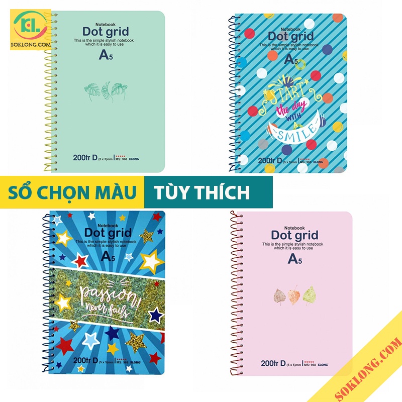 Sổ A5 lò xo đơn 200 trang Dot Grid MS 968, cuốn tập vở Klong [Chọn Màu]