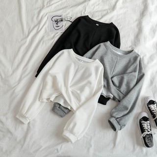 ÁO CROPTOP NỈ XOẮN EO KIỂU DÁNG ÁO CROPTOP DÀI TAY XÁM ĐEN TRẮNG - ÁO CROPTOP RỘNG BASIC [ deal shock ]