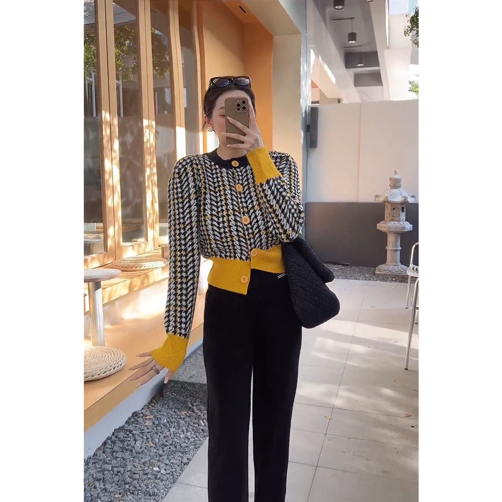 (55KG.LINH - HÀNG SẴN) Áo len croptop cổ tròn tay dài phối màu thời trang