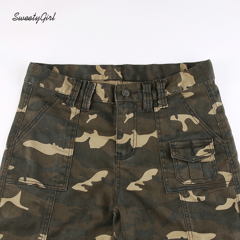 Sweetygirl Quần Jeans Lưng Thấp Hoạ Tiết Lính Phong Cách Retro 2022