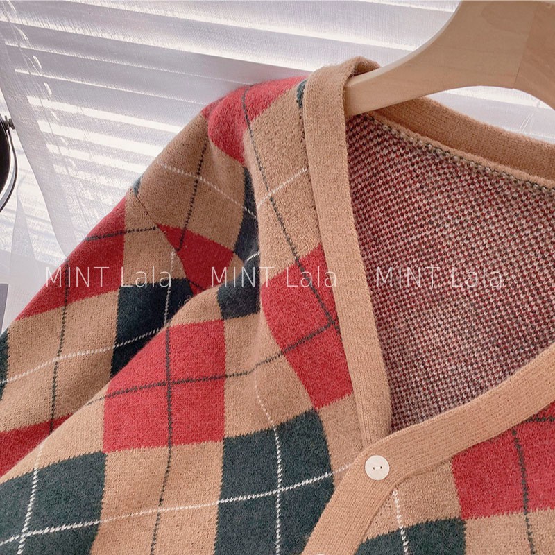 Áo Khoác Len Họa Tiết Quả Trám Cardigan Cho Nữ Dài Tay