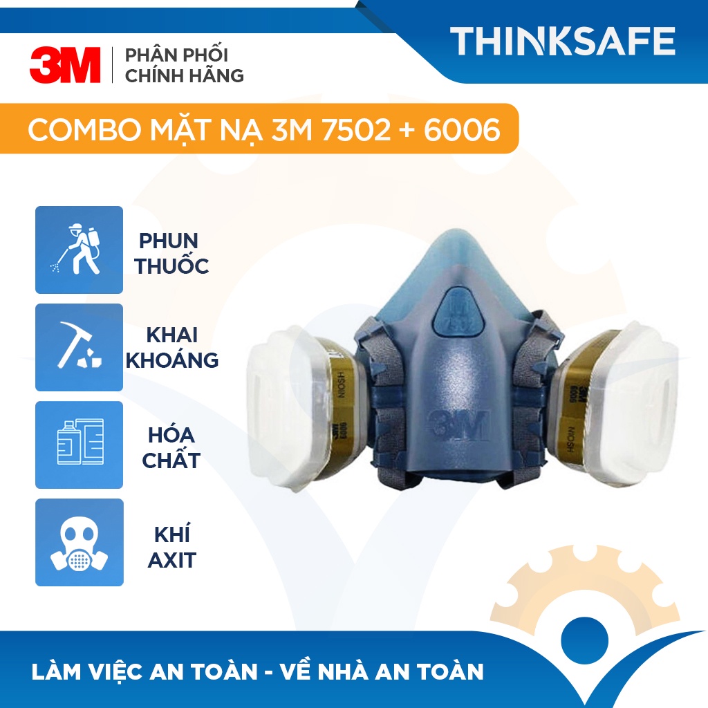 Mặt nạ phòng độc 3M 7502 / 6006 lọc hơi hữu cơ Vô cơ, lọc bụi siêu mịn, phun sơn Lọc hơi độc chính hãng 3M - THINKSAFE