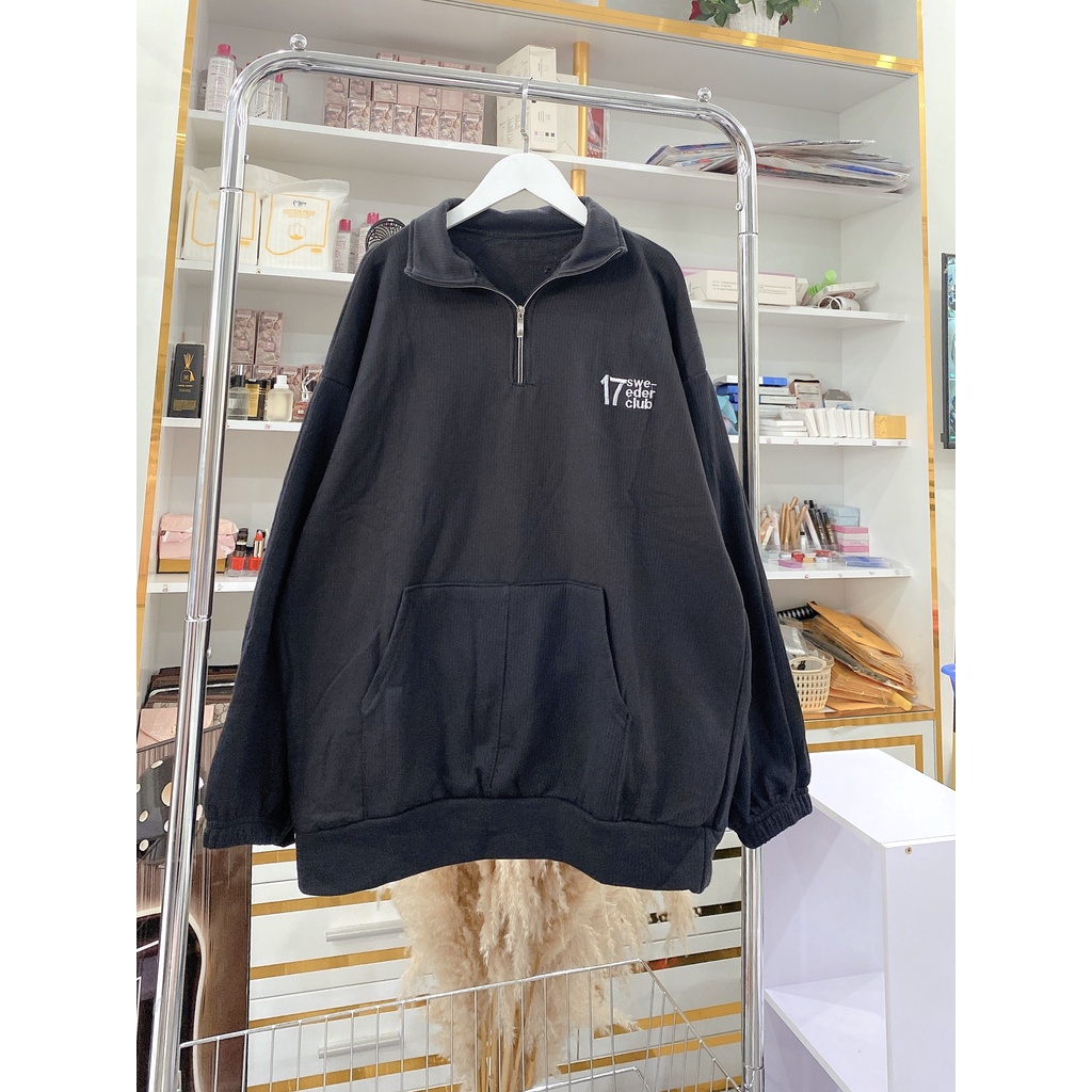 Poloi Dài Tay Sweater Dáng Rộng Thêu Số 17 Nam Nữ Cổ Khóa Tay Bồng Dáng Rộng Unisex