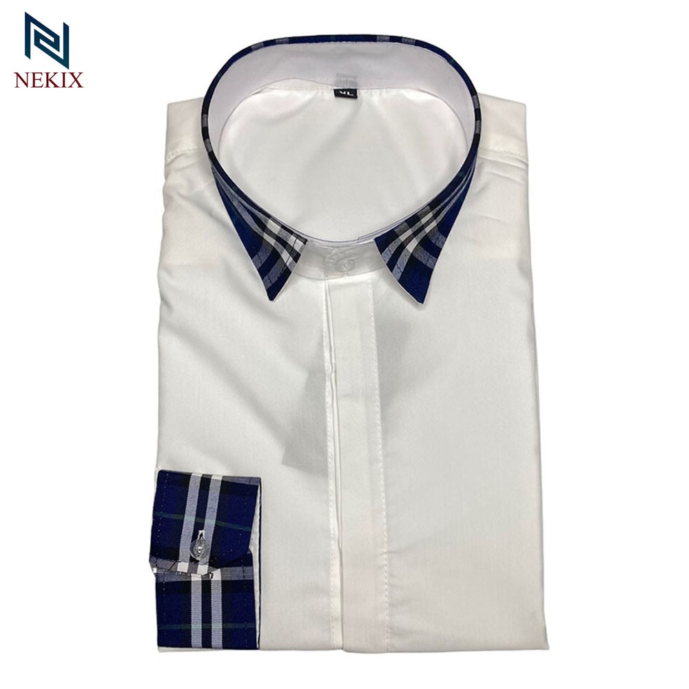 Áo Sơ Mi Nam Dài Tay Trắng Phối Kẻ Cổ Kẻ Tay Vải Lụa Trơn Form Body 1
