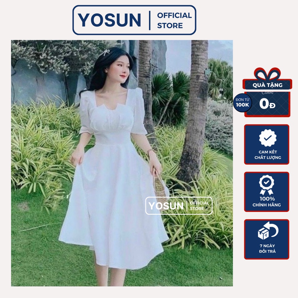 Đầm Nữ Dự Tiệc Cưới Cổ Xếp Tay Ngắn Dáng Xòe Sang Chảnh, Váy Nữ Thiết Kế Event Dự Prom Chiết Eo Sang Trọng Màu Trắng