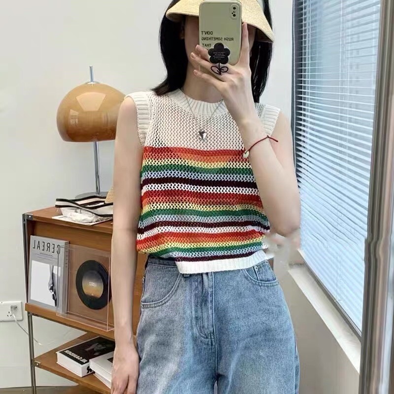 Maihuong⚡️ÁO LEN LƯỚI BA LỖ MÀU BE KẺ CẦU VỒNG CỰC XINH CHO NỮ