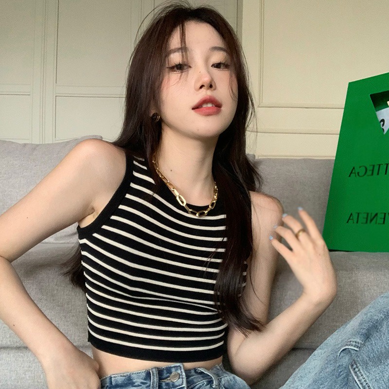 Áo Tank Top Dệt Kim Cổ Tròn Hoạ Tiết Kẻ Sọc Thời Trang Dành Cho Nữ
