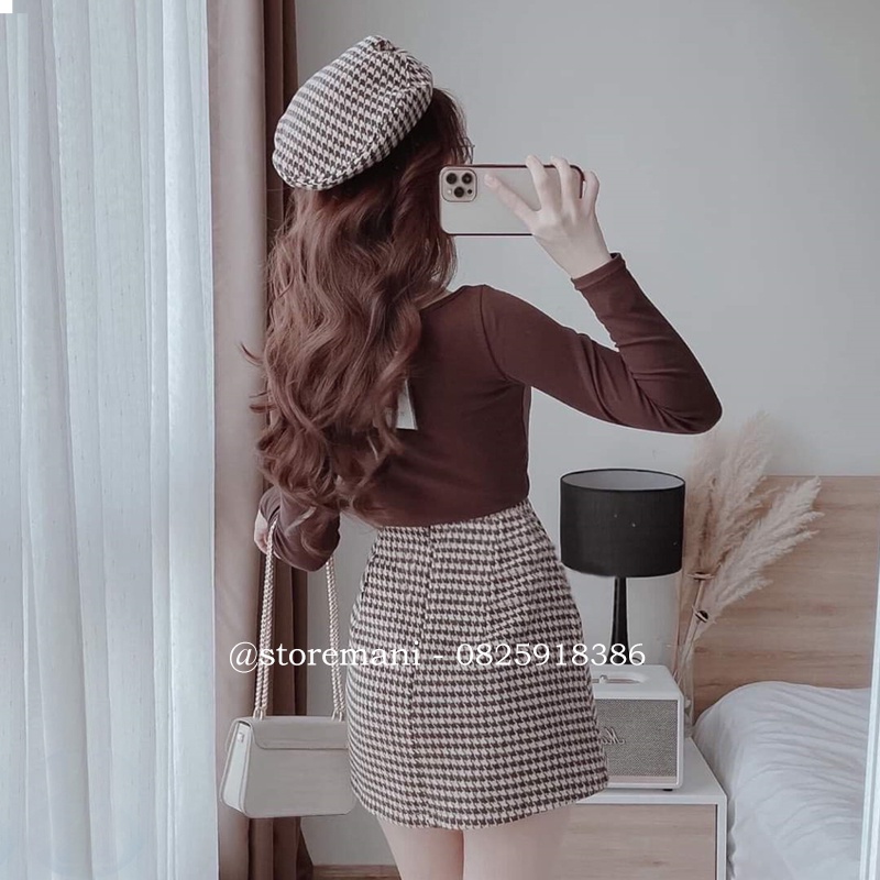 Chân váy chữ a ngắn chất dạ hoạ tiết caro đen trắng cạp cao mặc đi làm công sở thời trang thanh lịch