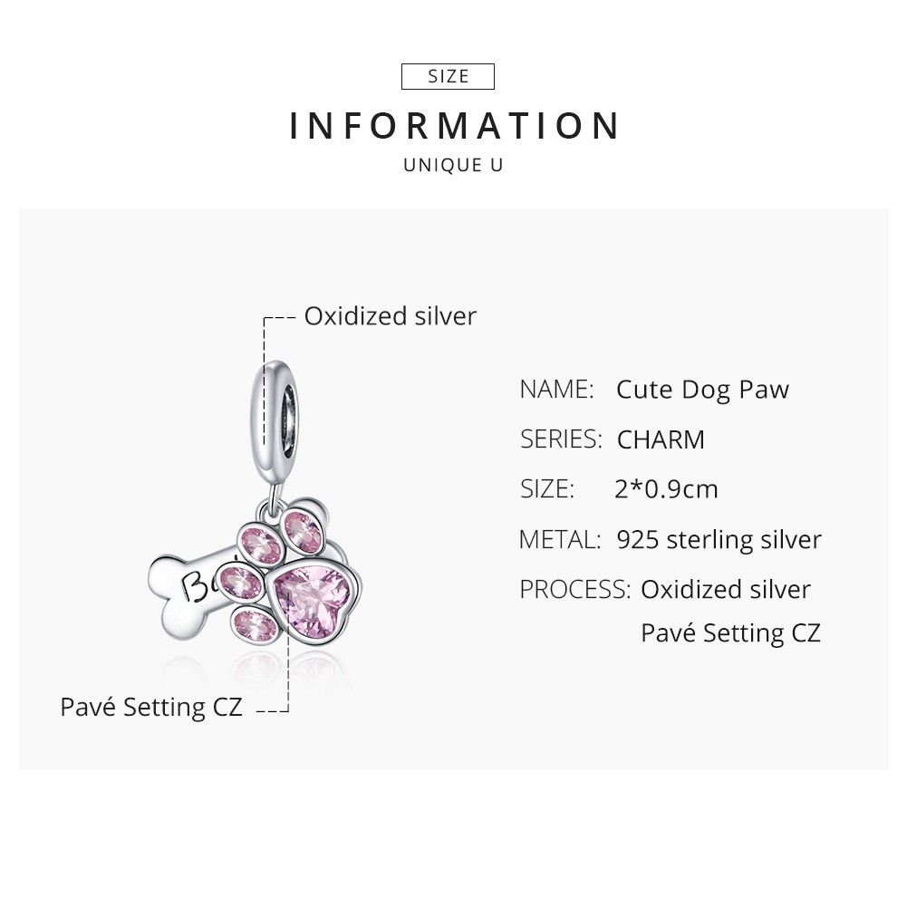 Mặt Vòng Tay Bamoer Bạc Thật 925 Hình Bàn Chân Chó Màu Hồng Xinh Xắn Làm Vòng DIY