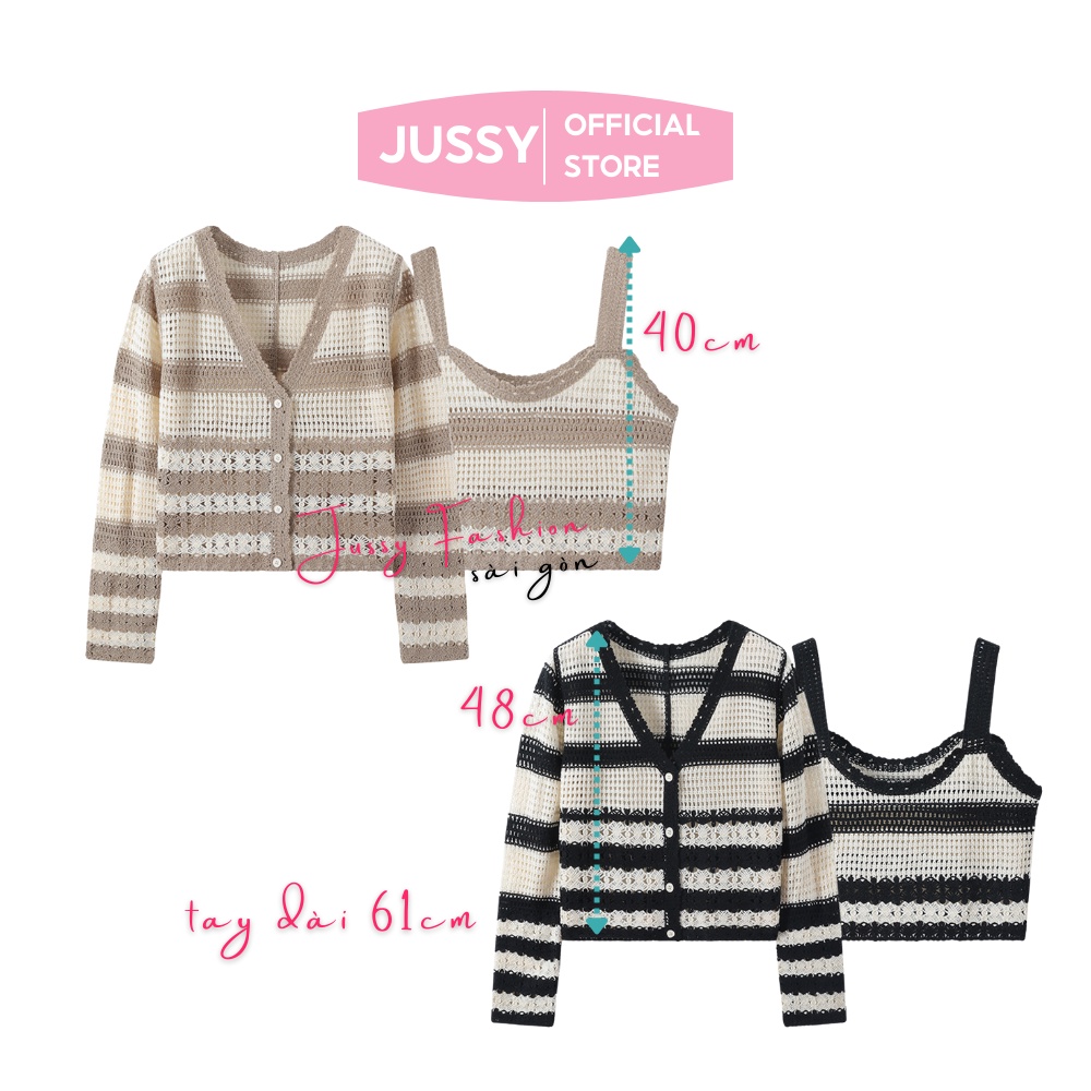Set Áo Khoác Nữ Len Lưới Sọc Ngang Cá Tính Jussy Fashion Áo Cardigan Len Nữ Gồm Áo Khoác Ngoài Phối 2 Dây Bên Trong