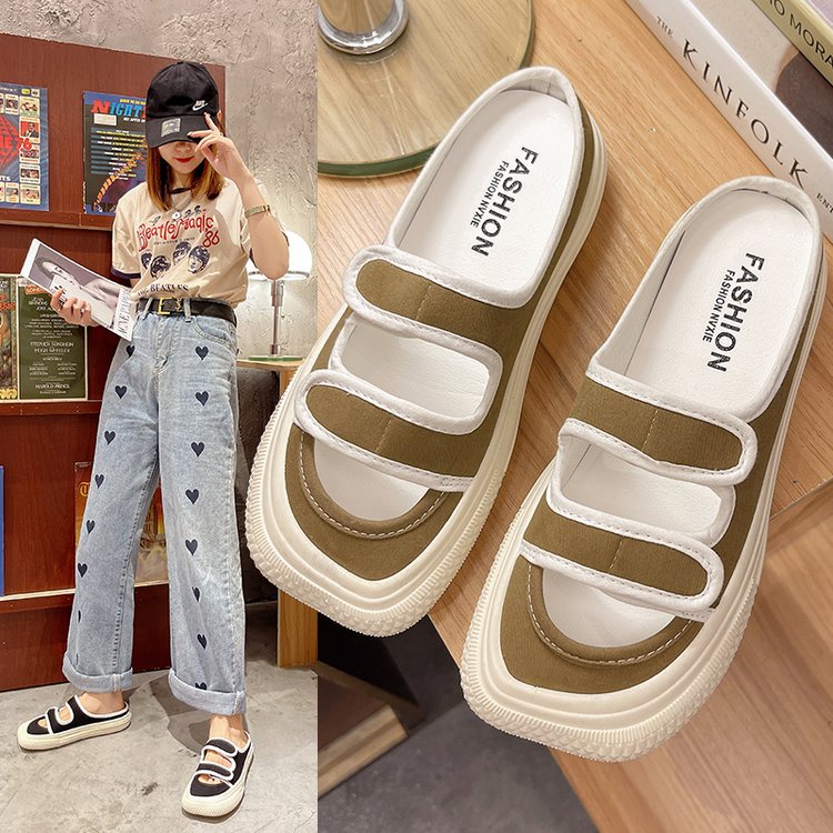 Fashionable Square Velcro Comfortable Sneaker Canvas Lazyshoes Sandals