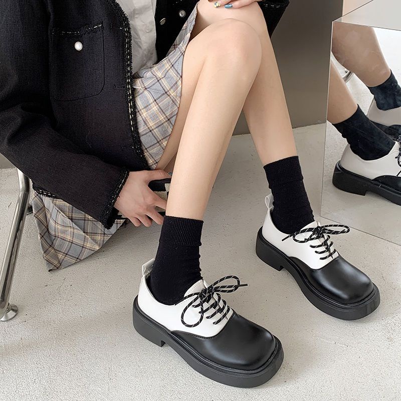 Giày Da Mũi Tròn Màu Tối Phong Cách Anh Quốc Cổ Điển Thời Trang Cho Nữ