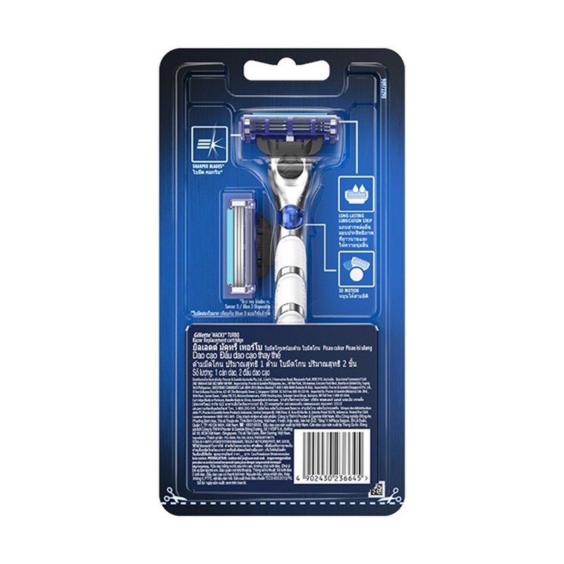 Bộ Dao cạo râu Gillette Mach 3 Turbo 3D 2Up (1 cán dao + 2 đầu cạo) - Mach3 3 lưỡi cao cấp