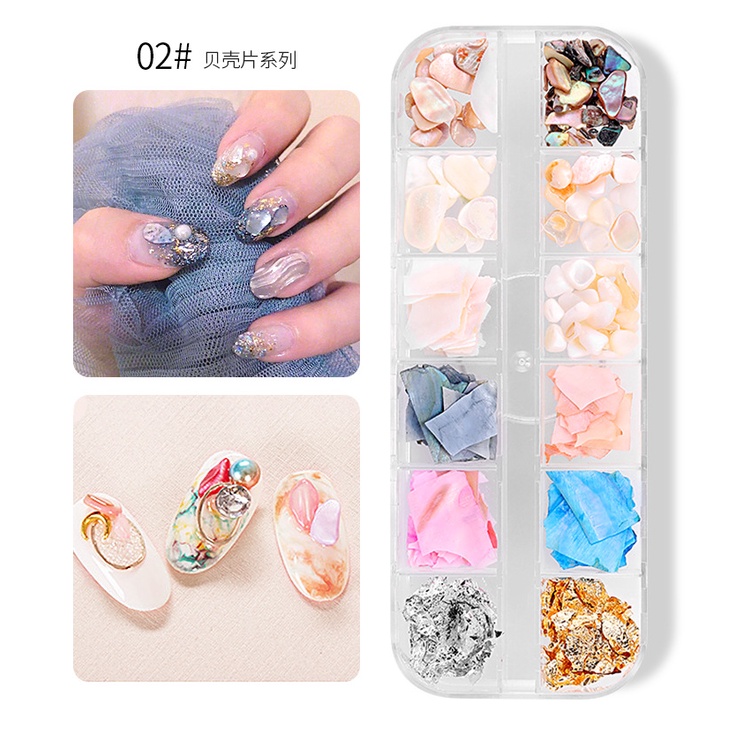 Xà cừ nail khay mix giấy nhún đá sỏi đính móng Yapas x Pinpai , Set xà cừ vân đá mix màu trang trí móng chuyên dụng