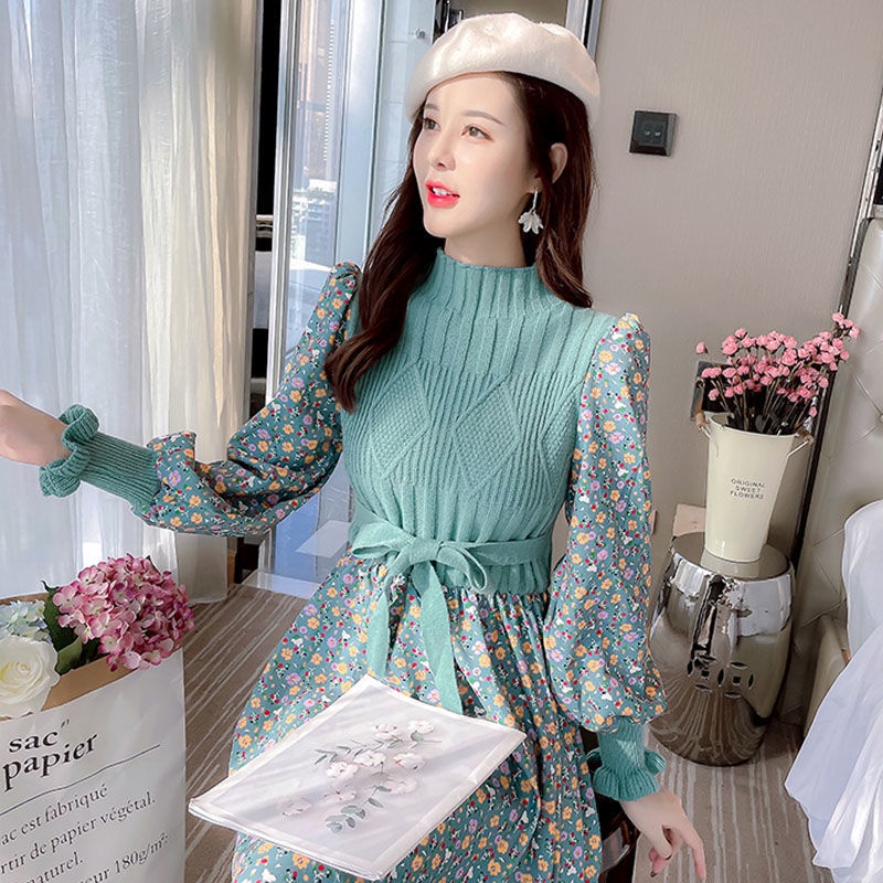 Autumn and winter Korean style stitching long knitted thin skirt fashion floral knitted dress