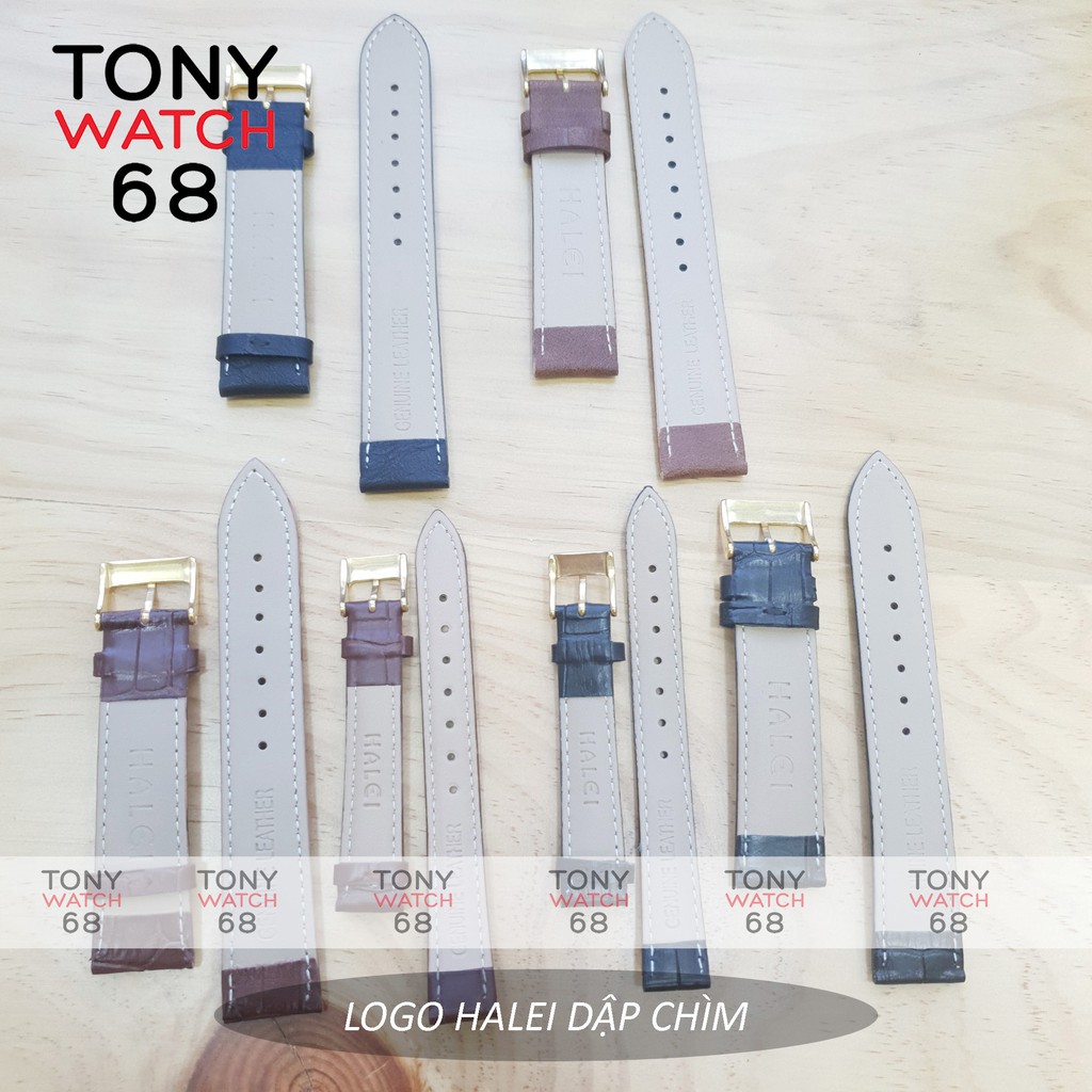 Dây da đồng hồ Halei kích thước 14mm màu nâu đen chính hãng khóa mạ vàng