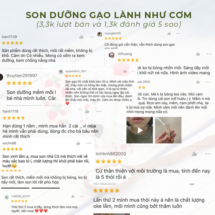 Son Dưỡng Môi Có Màu Gạo Hương Dâu Mềm Môi Chống Khô Nẻ Cỏ Mềm 3,6g