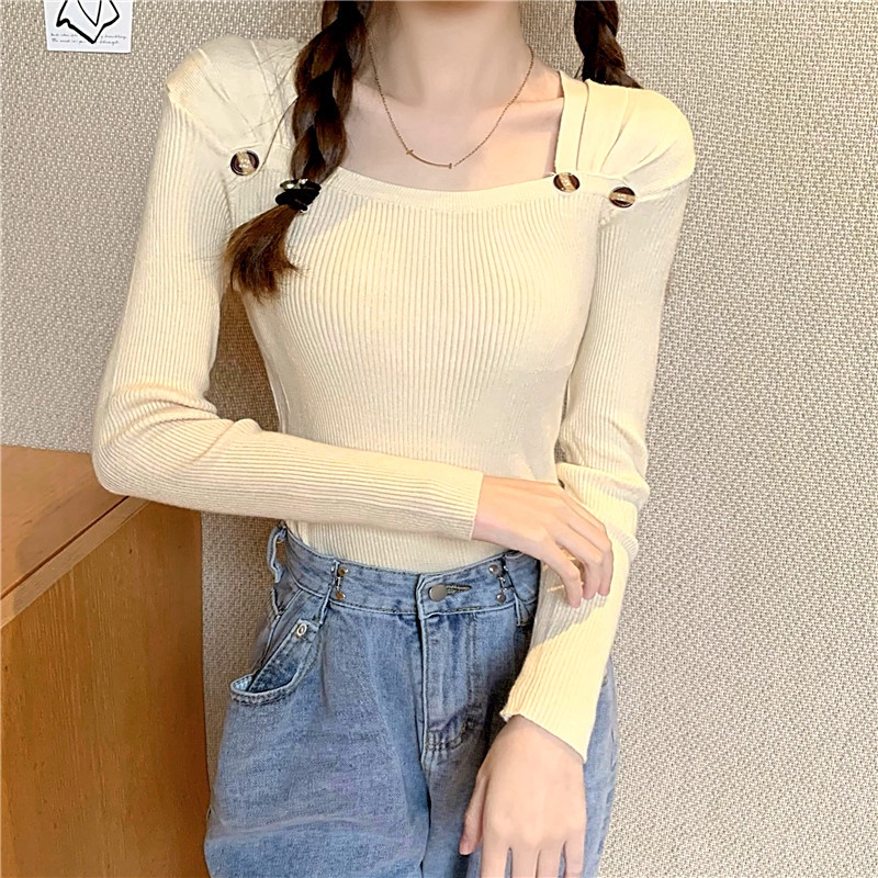 SUXI Áo Dệt Kim Tay Dài Cổ Vuông Màu Trơn Thời Trang Mùa Thu Phong Cách Hàn Quốc Cho Nữ