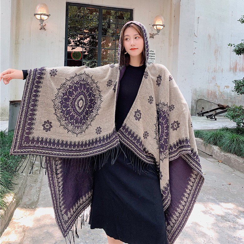 Áo choàng boho có mũ khăn choàng mùa đông size 150*130cm - Mã LE29  Lemon