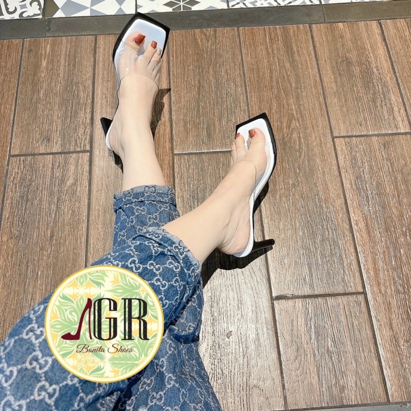 Guốc mũi vuông quai mica phối màu gót dẹp 5 cm