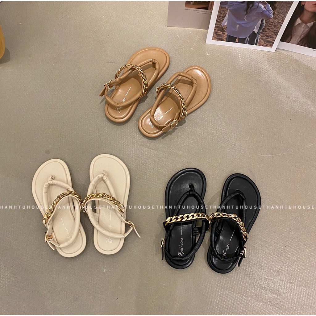 Giày Sandal Kẹp/Xỏ Ngón Nữ Ulzzang Da Mềm Phối Quai Xích Thời Trang - SA011