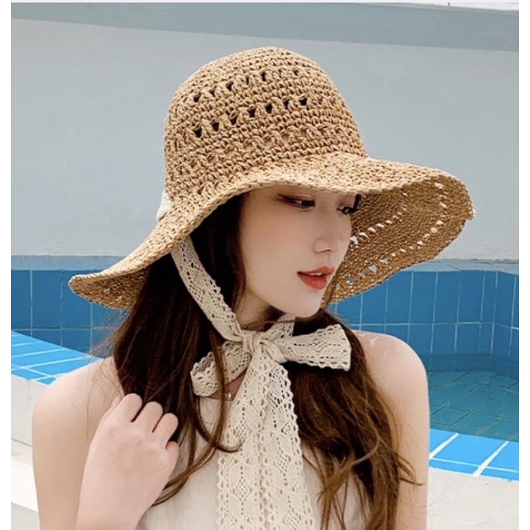 Mũ cói dây ruy băng thắt nơ - Maben