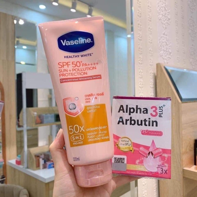 Viên Kích Trắng Alpha Arbutin 3plus + Dưỡng Thể Vaseline 50x Tuýp 320ml