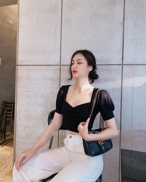 Áo Thun Gân Croptop Nhún Ngực Tay Phồng Co Giản