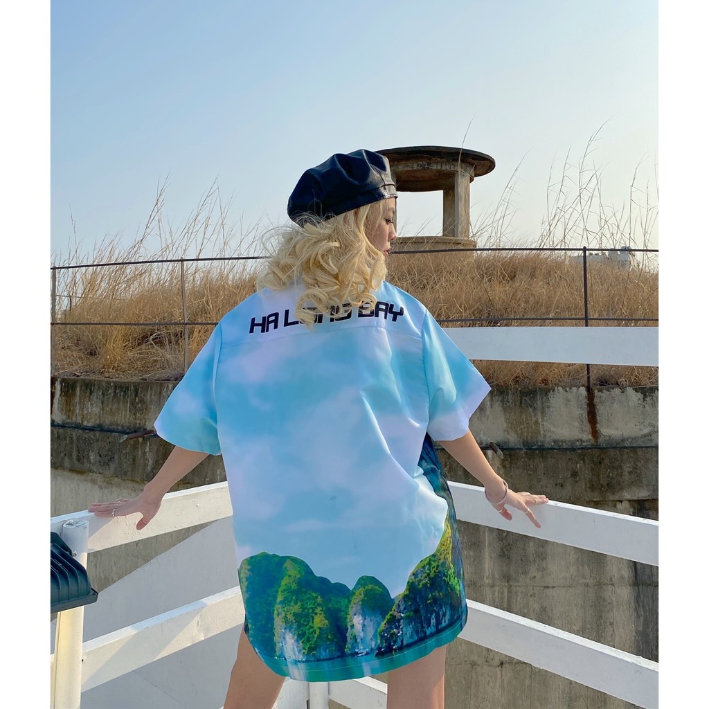 Áo sơ mi Hạ Long màu xanh local brand Destruction in hình hoạ tiết bầu trời và biển