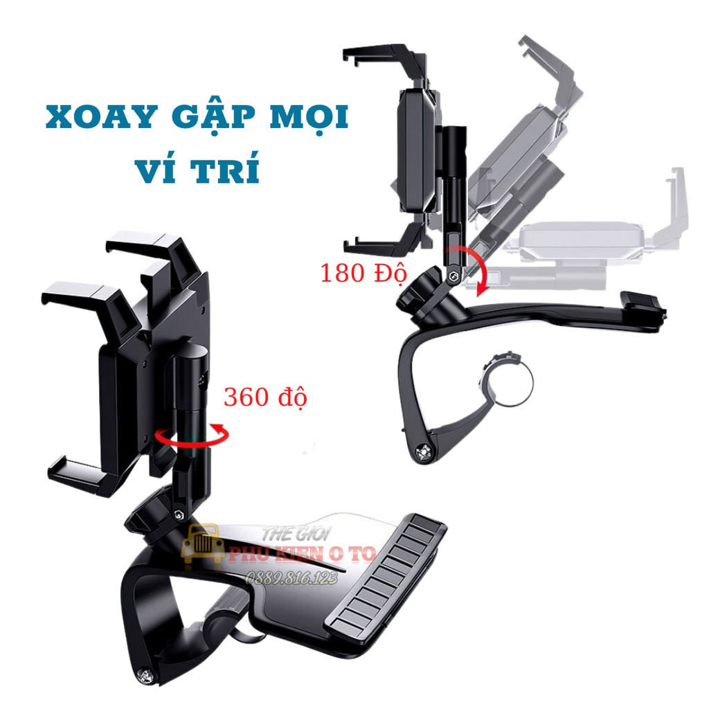 Giá đỡ kẹp điện thoại vô lăng để trên xe hơi ô tô xoay 360 độ, chống rung, treo đa điểm trên taplo, gương chiếu hậu