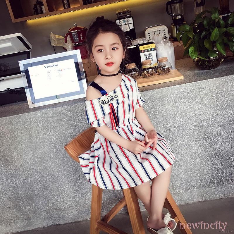 Đầm Tay Ngắn Kẻ Sọc Thêu Chữ Thời Trang Cho Bé Gái