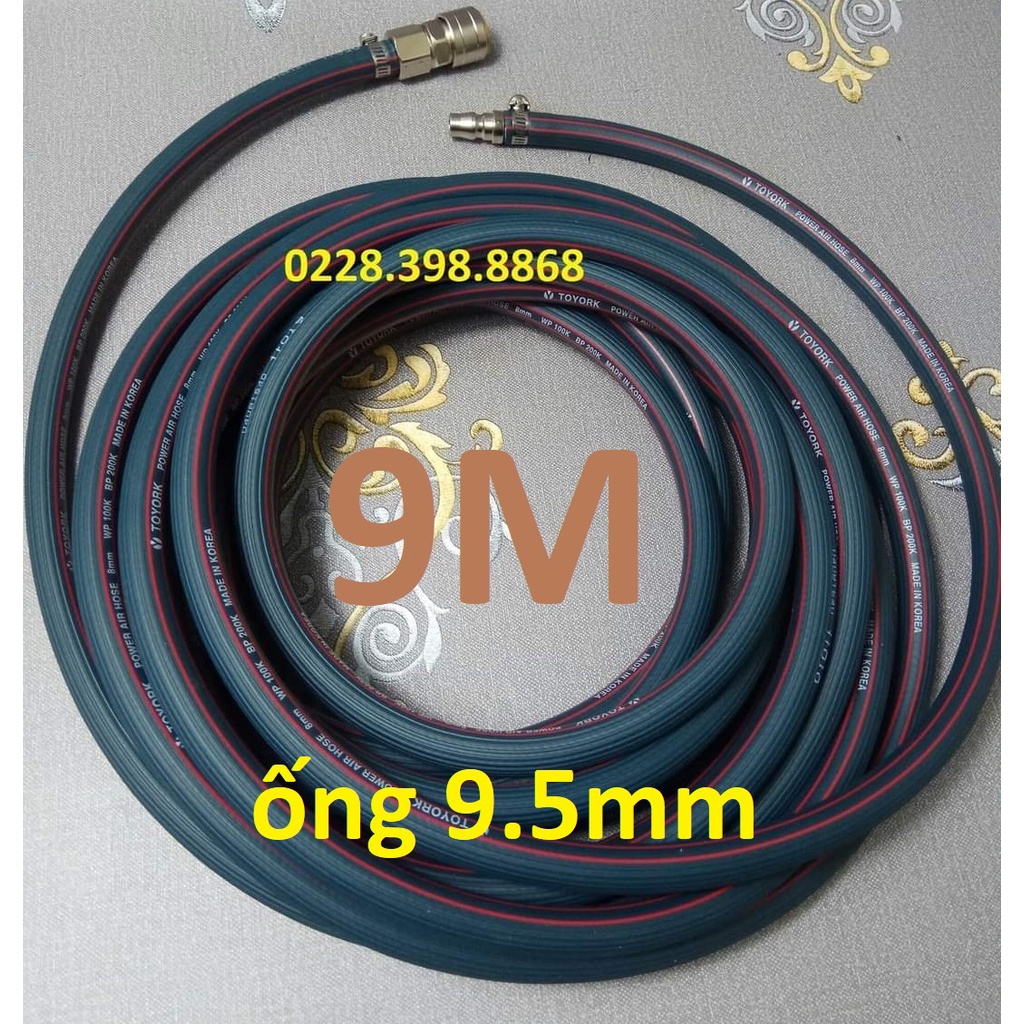 Dây hơi cao su bố vải 9m, made in Korea, lỗ 9.5mm, kèm bộ đầu nối nhanh cao cấp (SS2597) (SS1994)