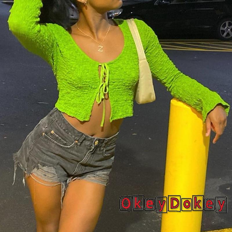 OKDK-Áo croptop nữ tay dài màu trơn thiết kế quyến rũ thời trang