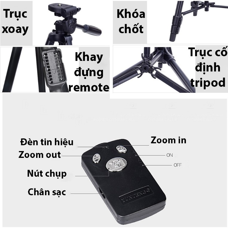 [Mã ELORDER5 giảm 10K đơn 20K] Chân giá đỡ Tripod chuyên nghiệp VCT- 5208 hỗ trợ chụp ảnh kèm Remote bluetooth | BigBuy360 - bigbuy360.vn