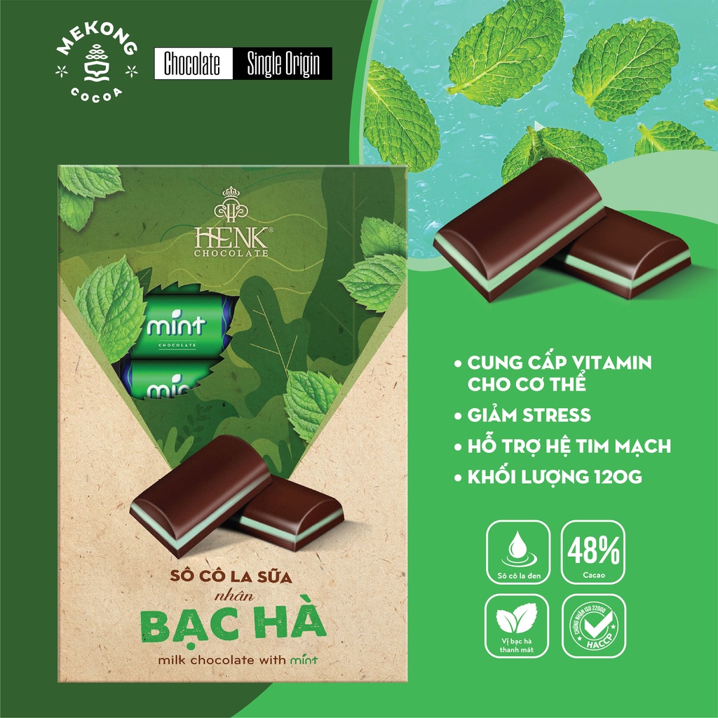 Socola Sữa Nhân Bạc Hà MEKONG CHOCOLATE Thơm Ngon Tươi Mát Hộp 120g - Dark chocolate Peppermint