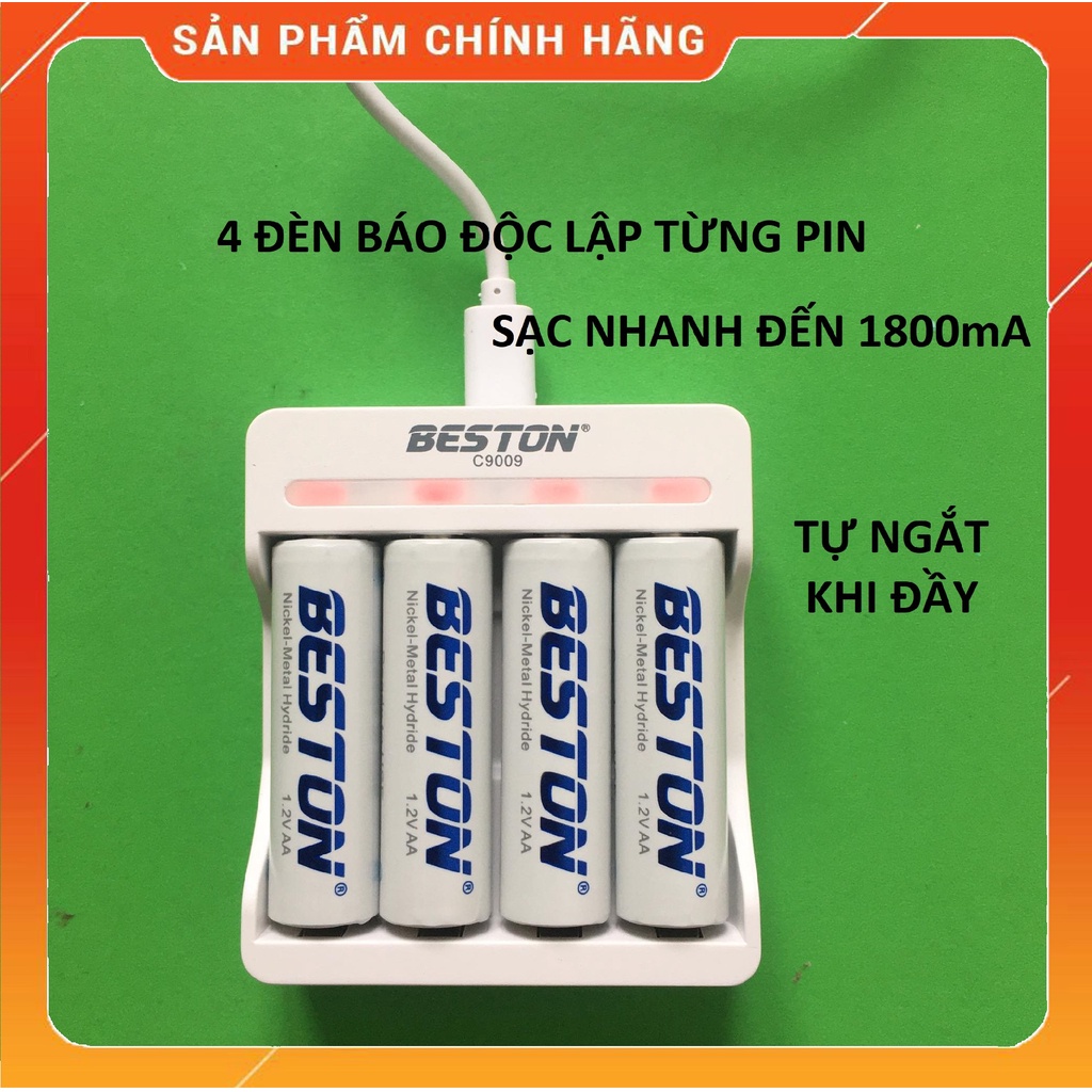 Bộ Sạc Pin AA, AAA Beston C9009 Tự ngắt khi đầy Sạc Nhanh Có Đèn báo đầy độc lập từng pin, pin sạc chính hãng