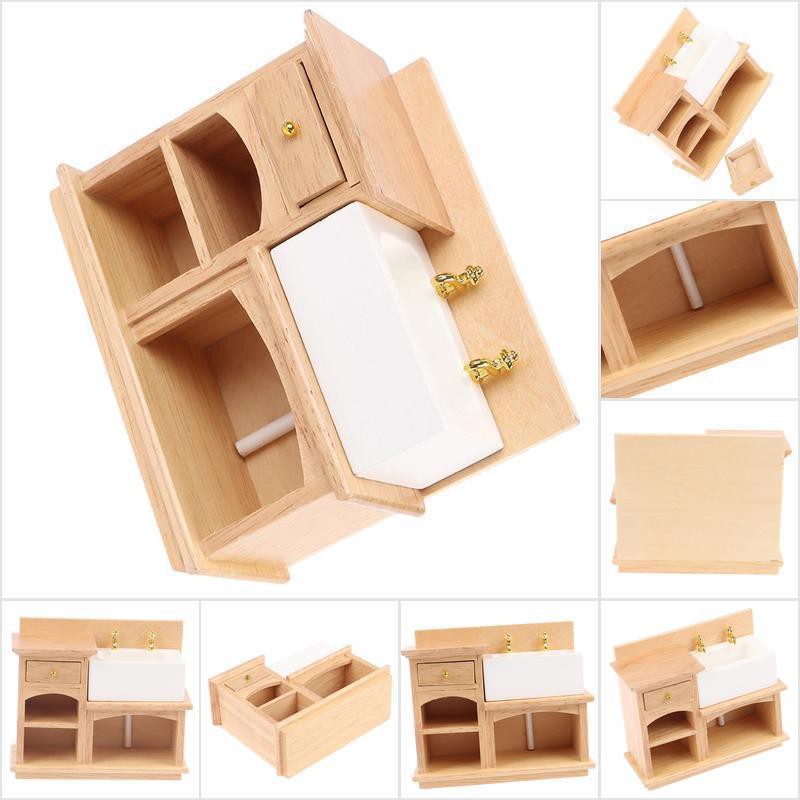 [HoMSI] 1/12 Miniature Wooden Wash Basin Cabinet with Ceramic Hand Sink for Dollhouse SUU